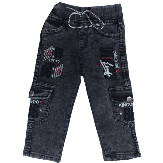 Boys Black Cargo Embroidered Jeans