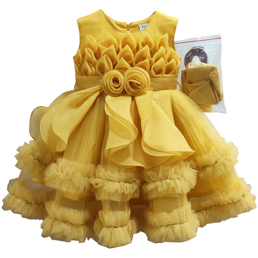 Golden Tissue and Net Frock with Sleeve and Pajama
