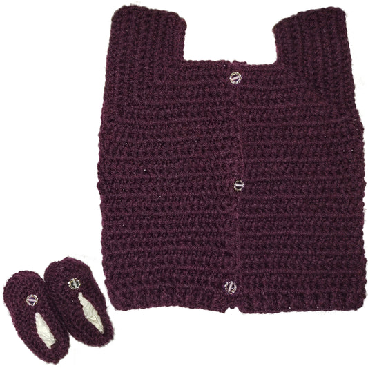 Maroon Crochet Girls Sweater with Shoes