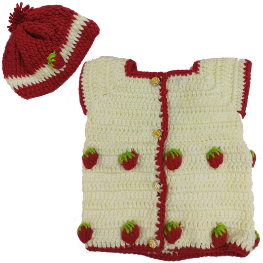 Strawberry Applique Crochet Sweater with Cap